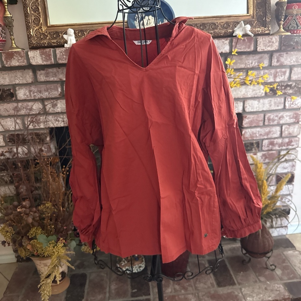 Chevignon France Size S Burnt Orange Embroidered Peasant Balloon Sleeve Blouse
